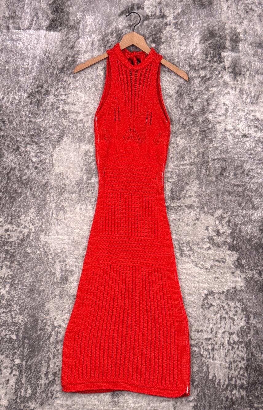 New Acne Studios Dress XXS Womens Kaubree Bright Red Crochet Knit Midi